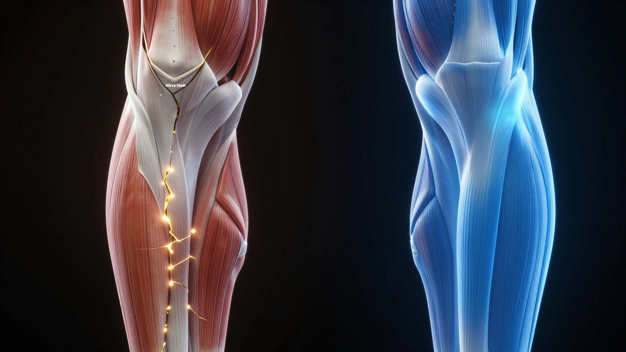 Conceptual 3D render of muscle fibers repairing micro-tears with glowing lights