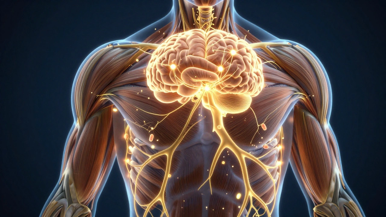 Conceptual illustration of neural connections and mitochondrial growth in muscles