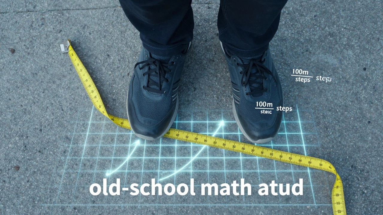 Conceptual image of feet walking on a pavement with mathematical stride calculations.