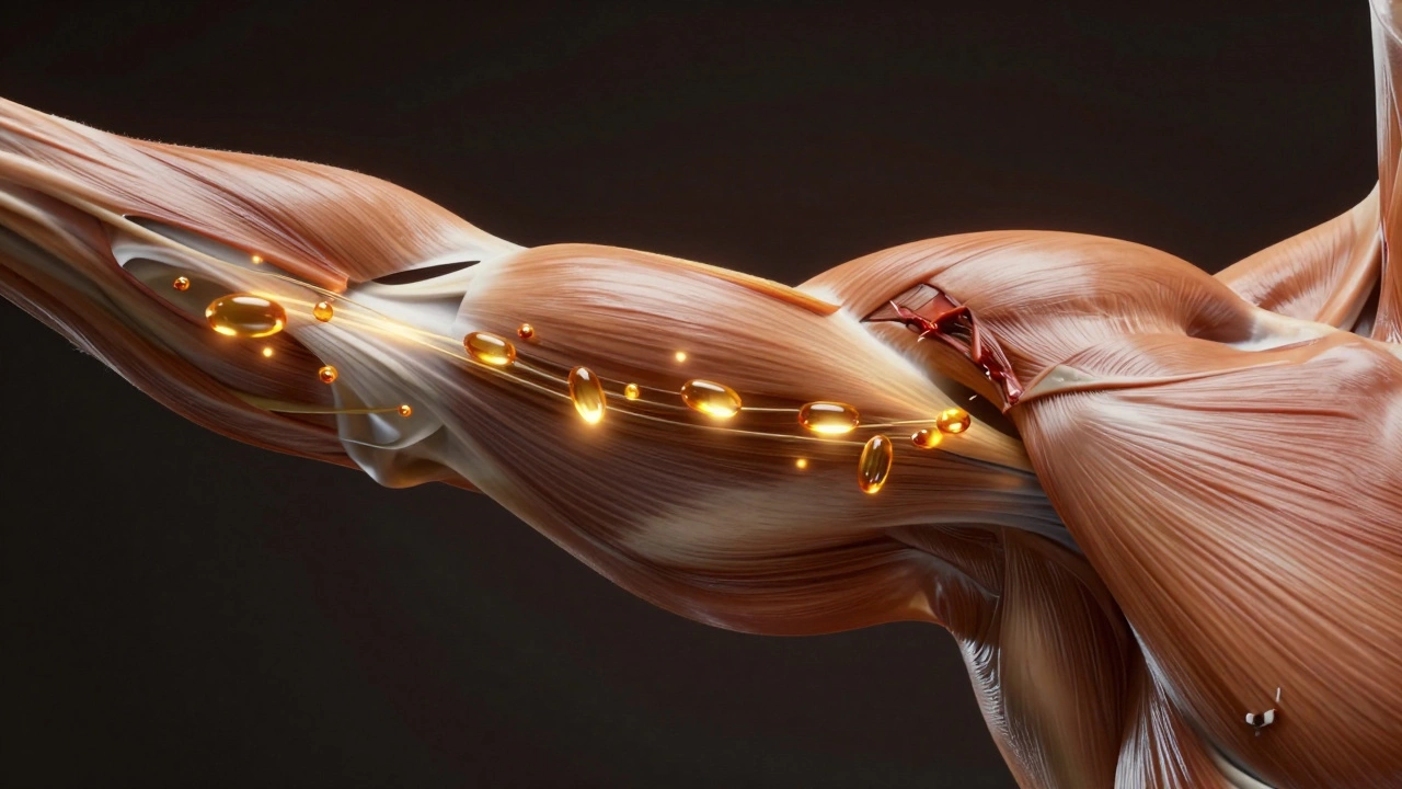 Conceptual view of glowing amino acids repairing muscle fibers in an arm