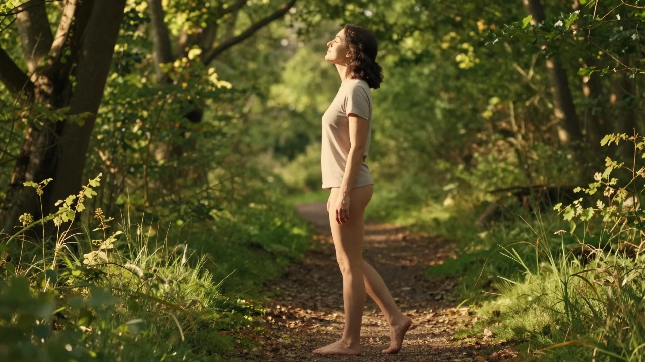 Person walking barefoot in a sunny forest with a bare wrist, looking peaceful.