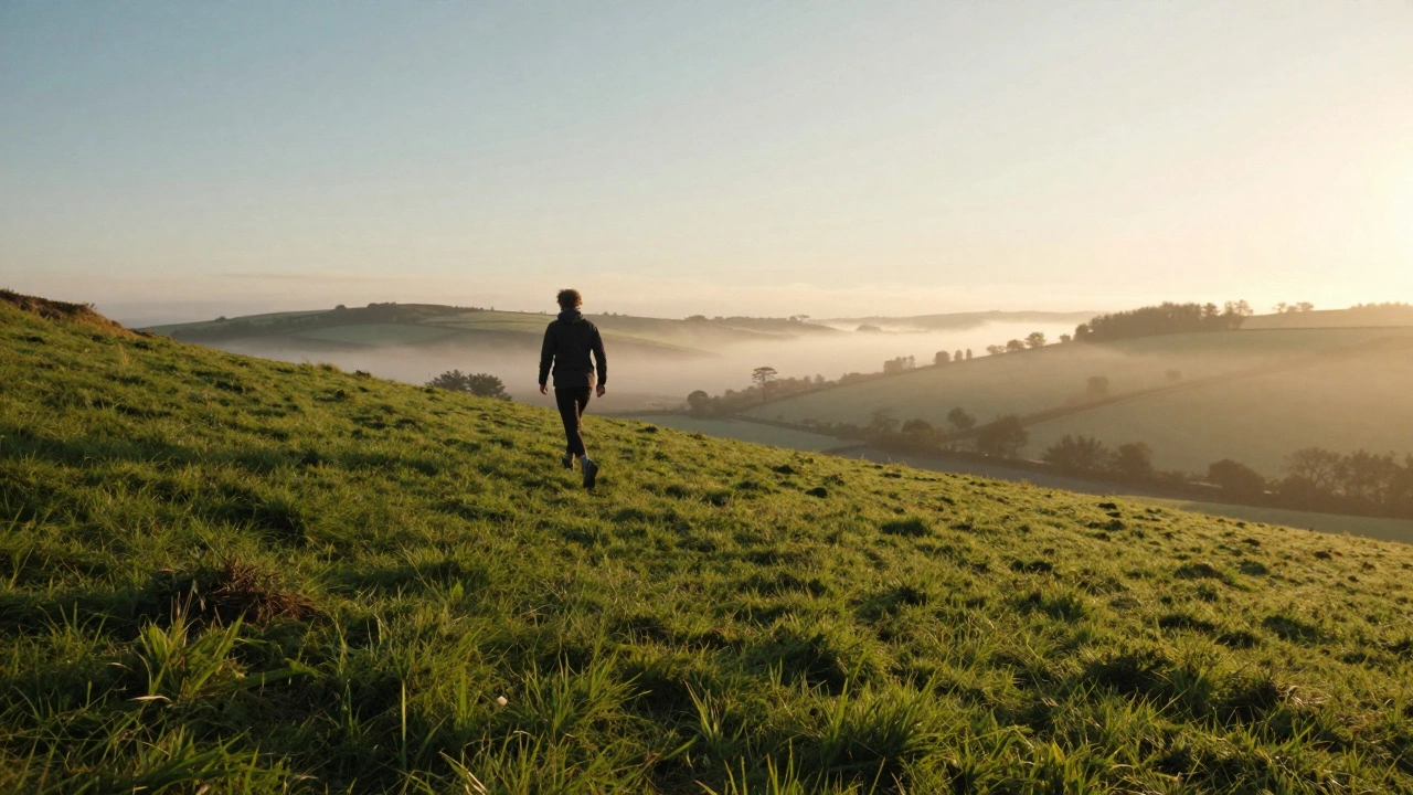 Person walking briskly up a green hill during golden hour for Zone 2 training.