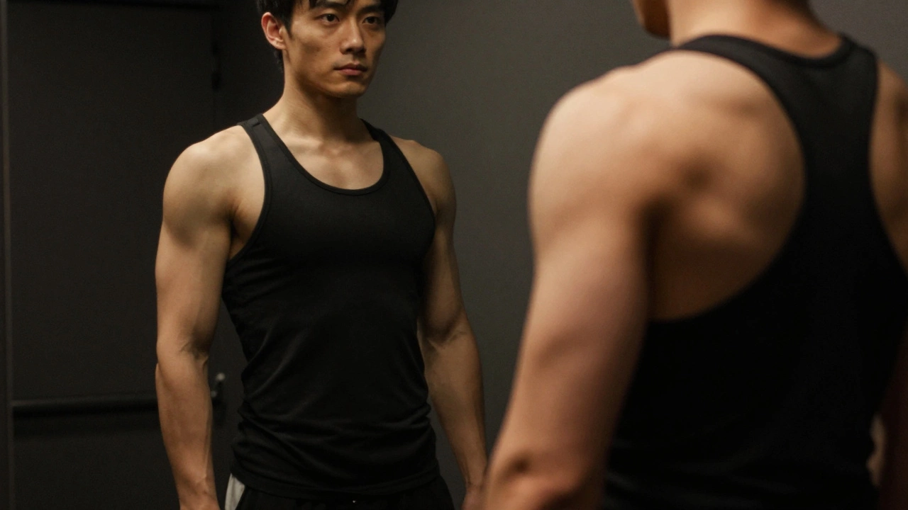 Person with improved posture and muscle tone looking in a gym mirror