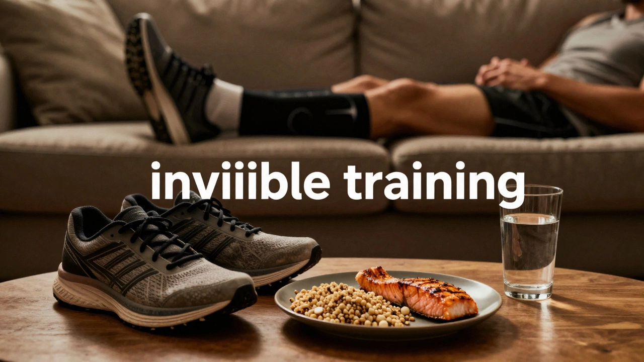 Running shoes and a healthy meal next to a resting runner emphasizing recovery.