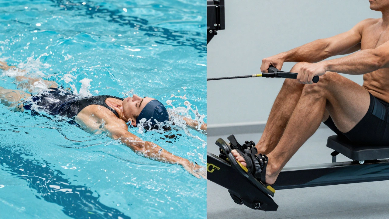 Split screen showing a swimmer in water and a person using a rowing machine.