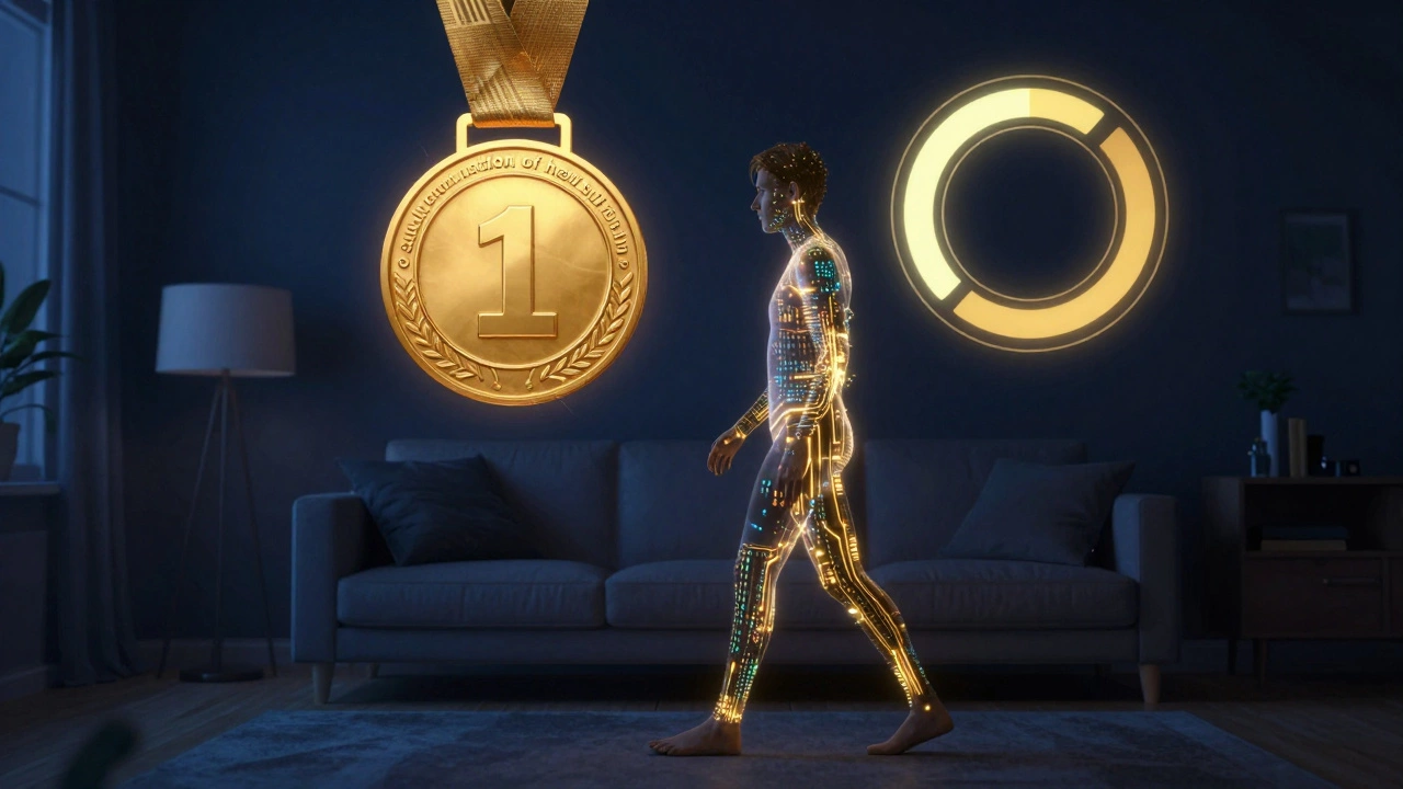 Surreal illustration of a person pacing for digital rewards with holographic game elements.