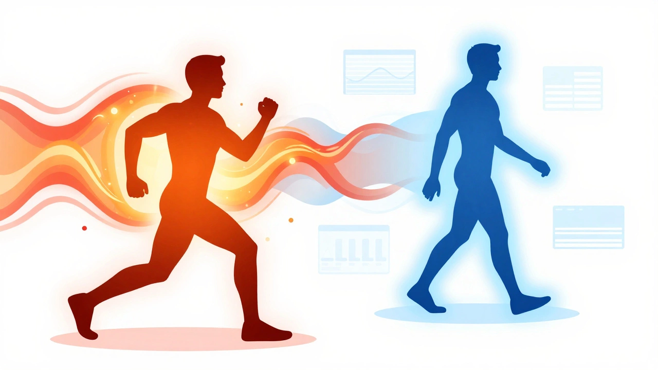 Abstract art comparing HIIT afterburn energy with steady walking metabolism