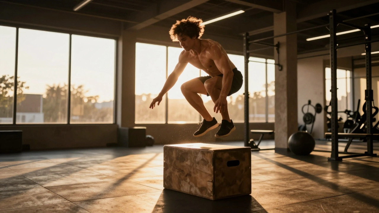 Athlete jumping explosively in afternoon gym light