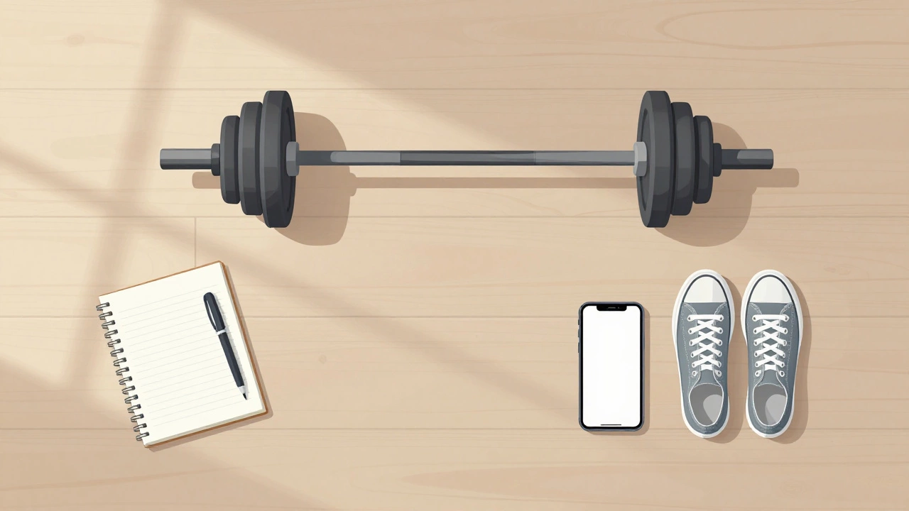 Barbell, notebook, and shoes arranged for a simple workout routine.