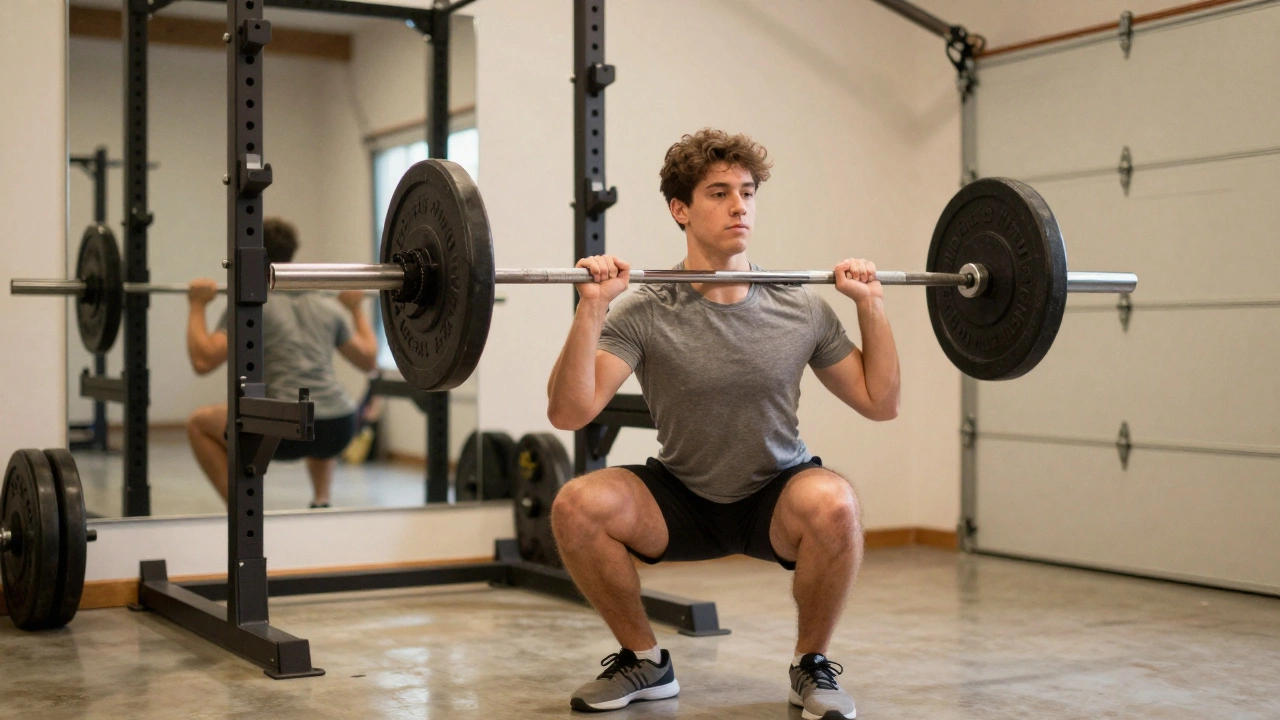 Beginner doing a squat with good form in a home garage gym.
