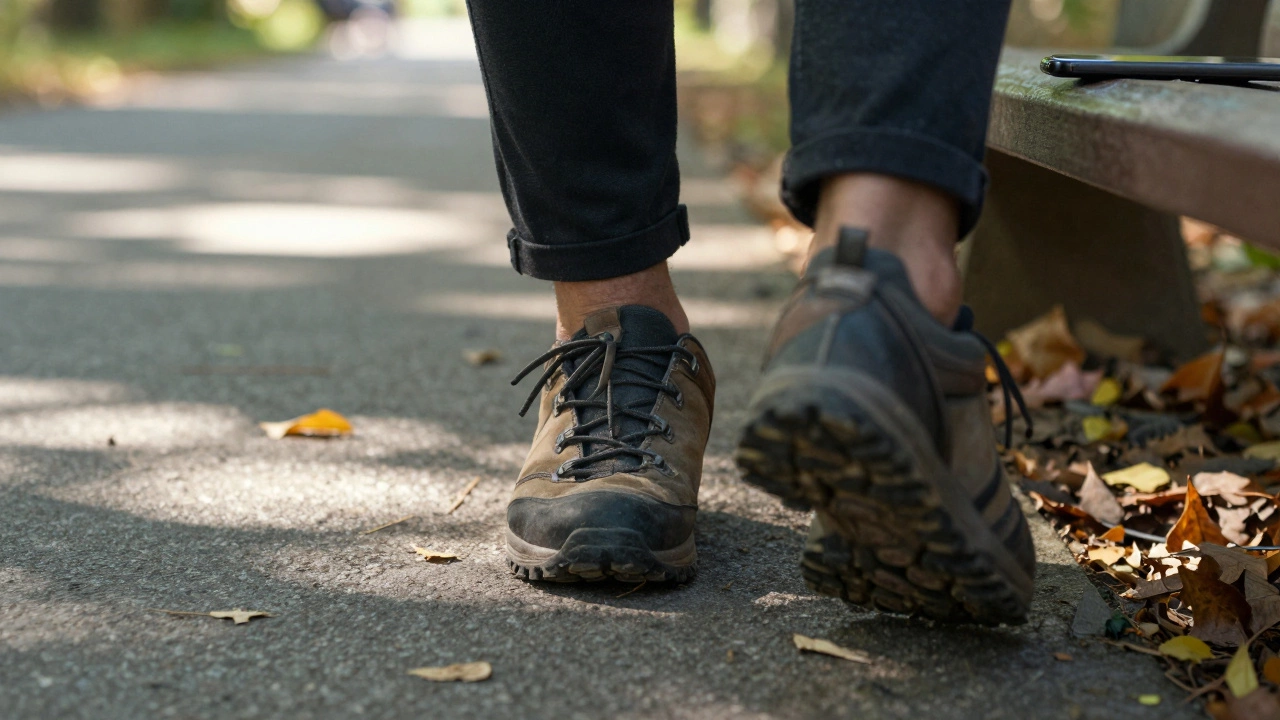 Close-up of walking shoes on a leaf-covered path