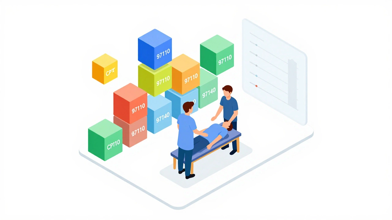 Conceptual 3D illustration showing timed therapy services stacking up to meet billing unit thresholds.