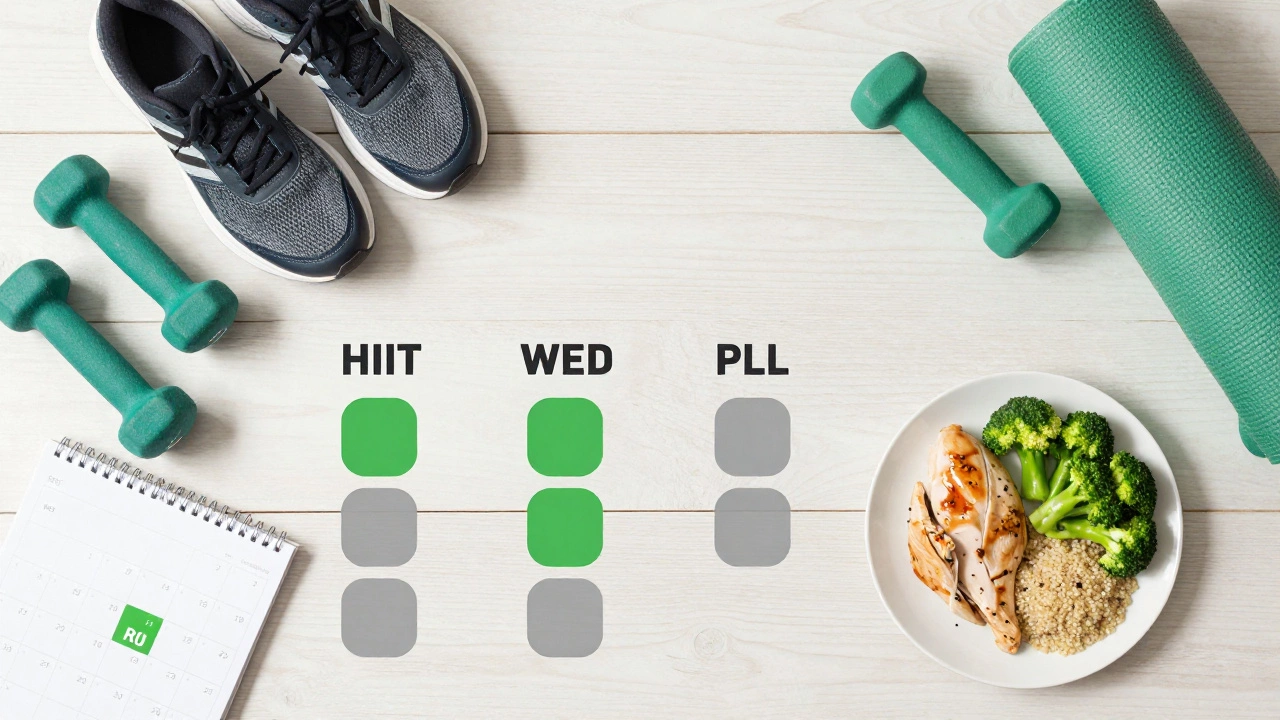 Flat lay of fitness gear, healthy food, and calendar for weekly plan