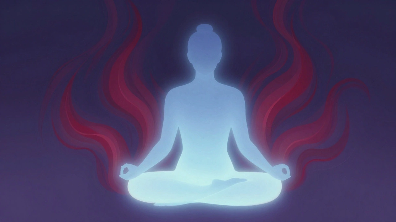 Illustration of meditation reducing stress hormones and belly fat storage
