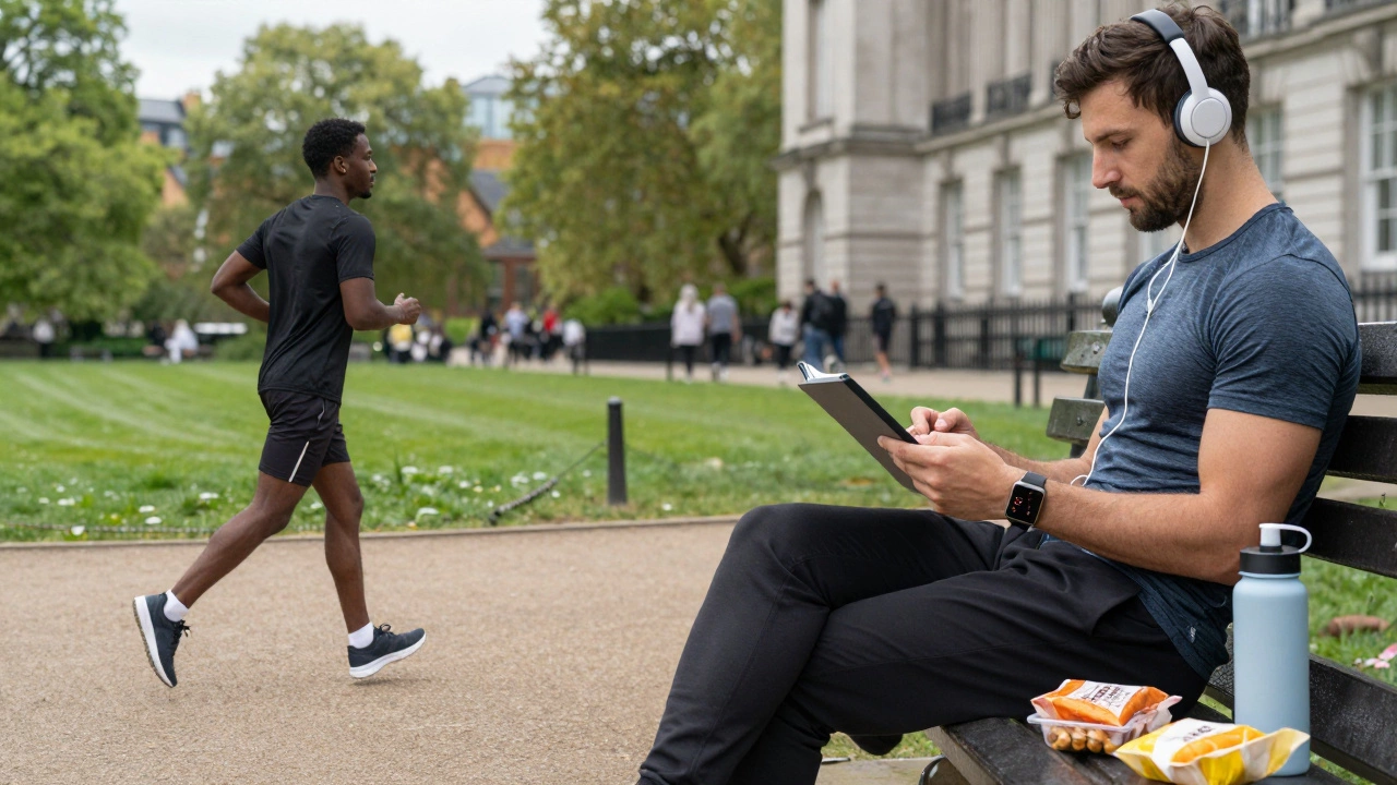 People exercising in a UK park combining running and walking for fitness