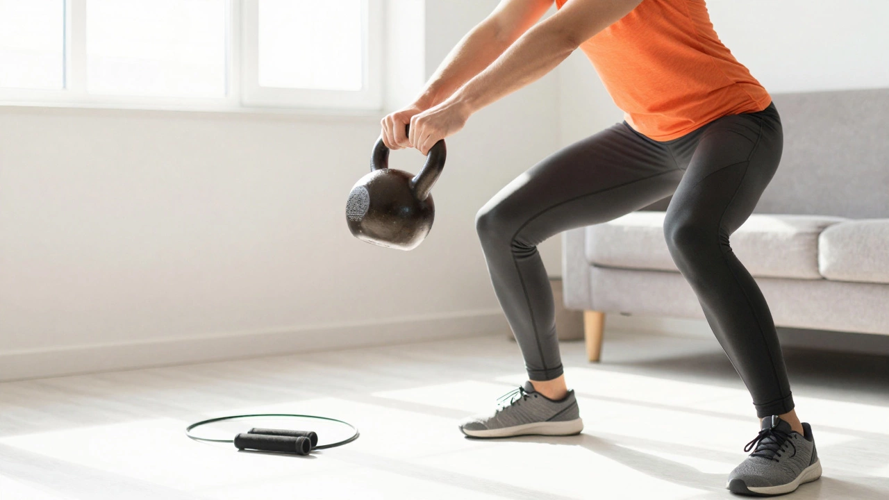 Person doing kettlebell swings with a jump rope nearby