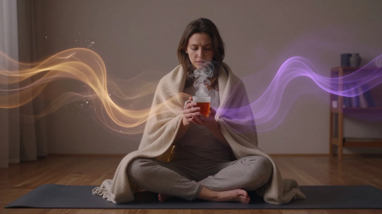 Person resting with tea as emotional energy releases