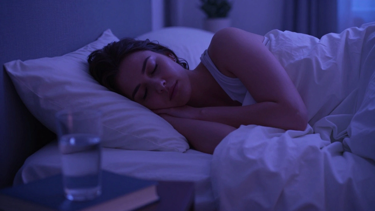Person sleeping peacefully in a dark, calm bedroom environment
