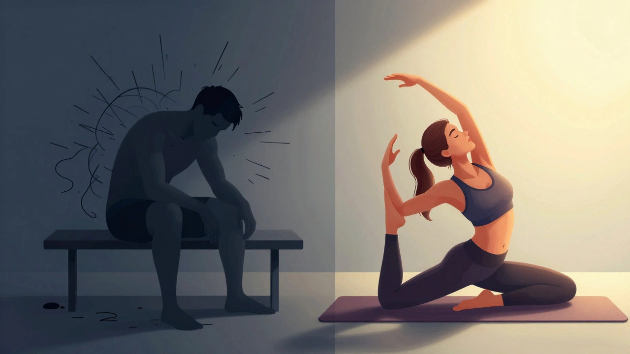 Split image contrasting exhausted overtraining with peaceful recovery