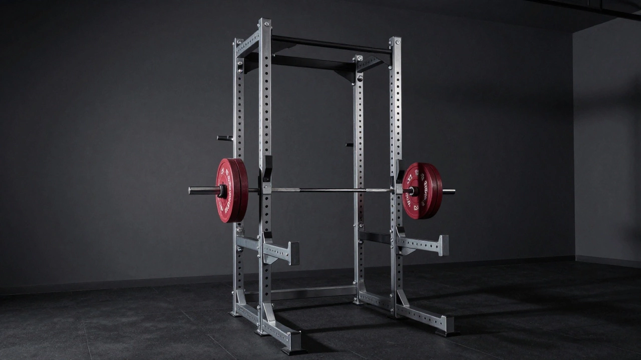 Sturdy steel squat rack with barbell in a minimalist gym
