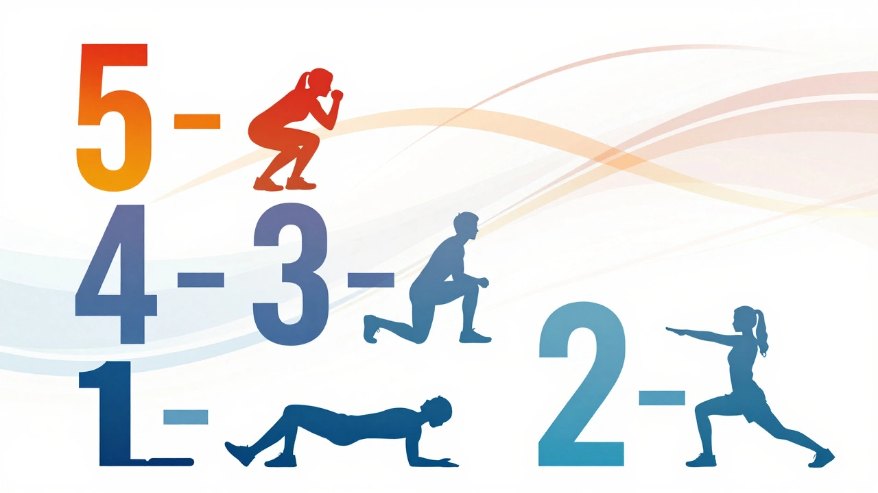 Abstract art showing five exercise silhouettes in a countdown
