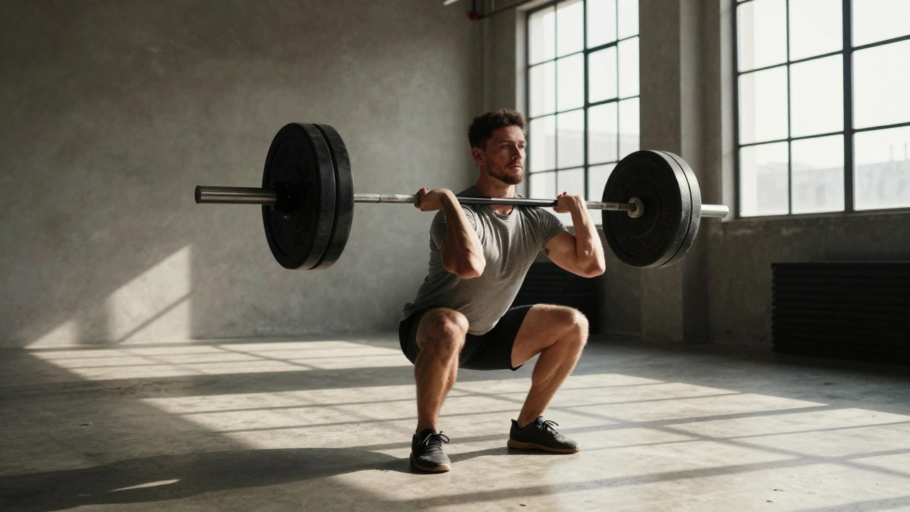Athlete performing intense barbell squat with perfect form in sunlit gym