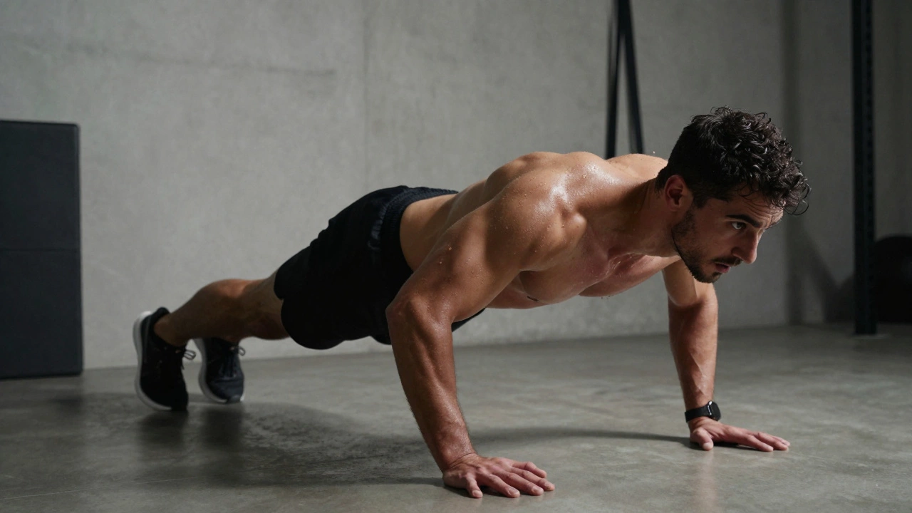 Athlete performing intense HIIT exercise like burpees in a home gym setting