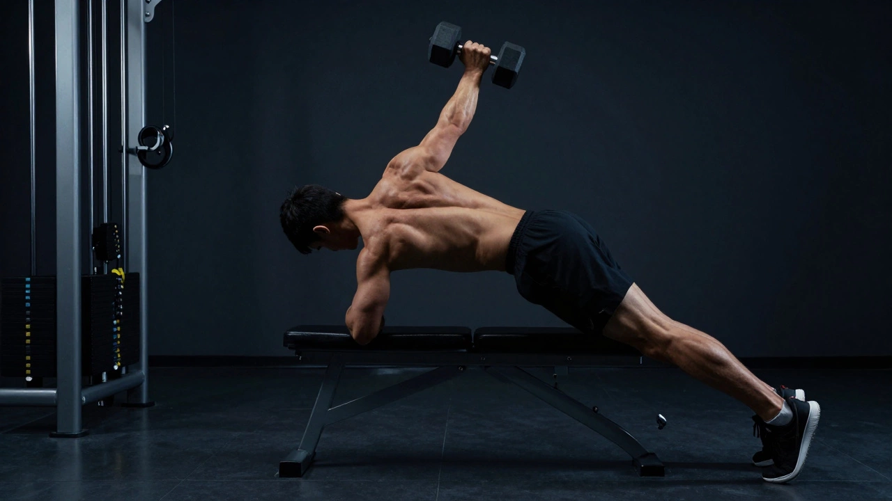 Athlete performing single-arm dumbbell row with intense focus