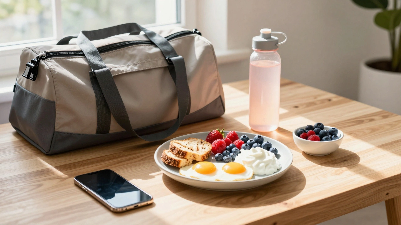 Healthy high-protein breakfast and gym gear, symbolizing recovery and nutrition.
