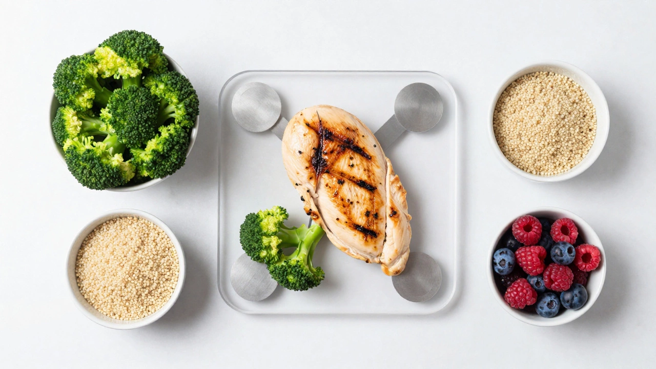 Healthy meal with chicken and veggies on food scale