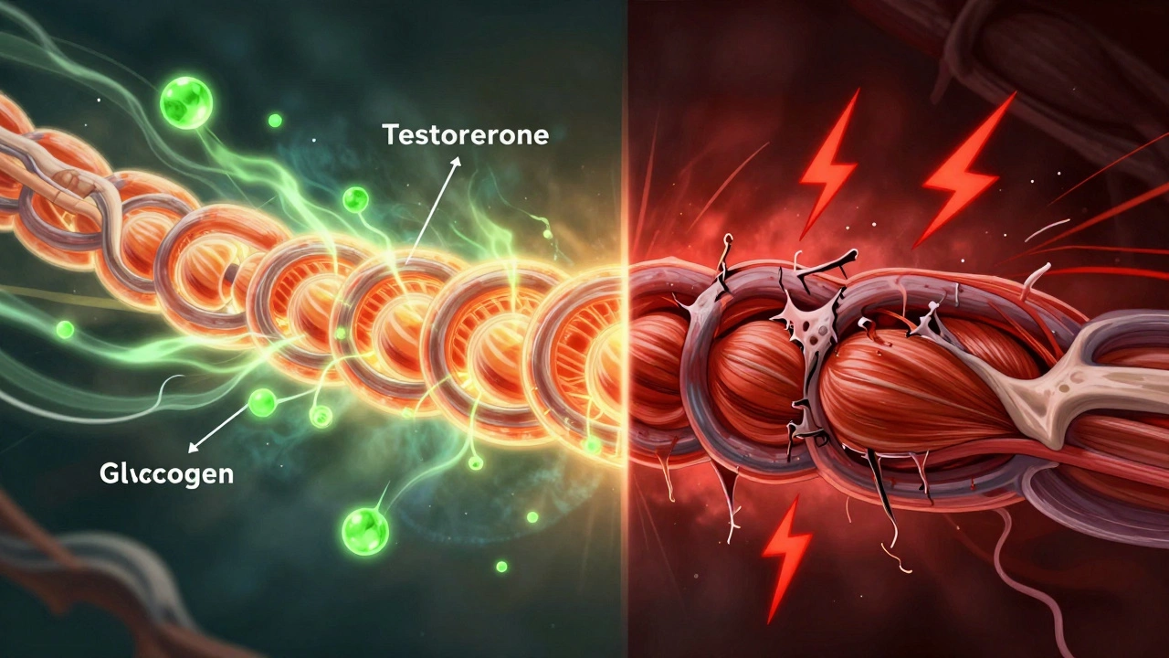 Illustration comparing healthy muscle growth vs cortisol damage from overtraining