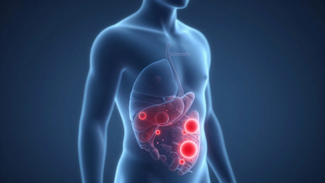 Illustration of visceral fat dissolving inside a body silhouette with calming light