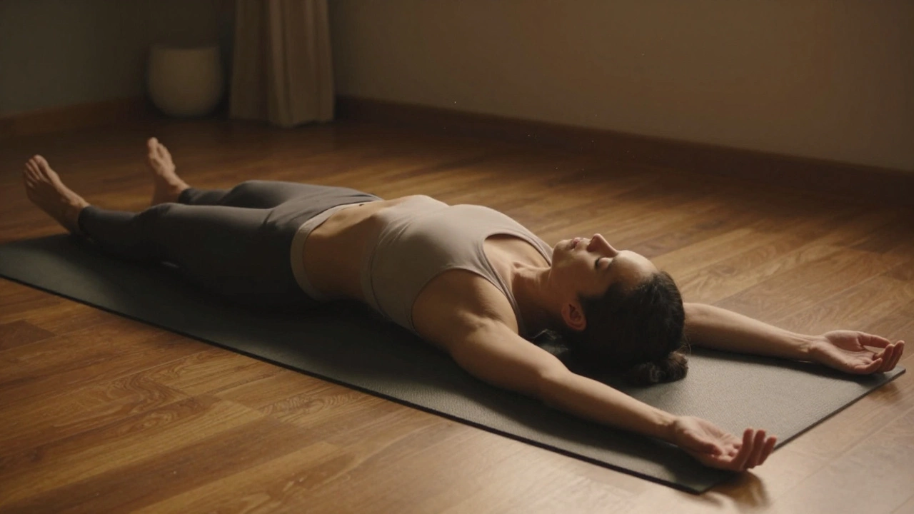 Person resting peacefully in Savasana corpse pose on mat