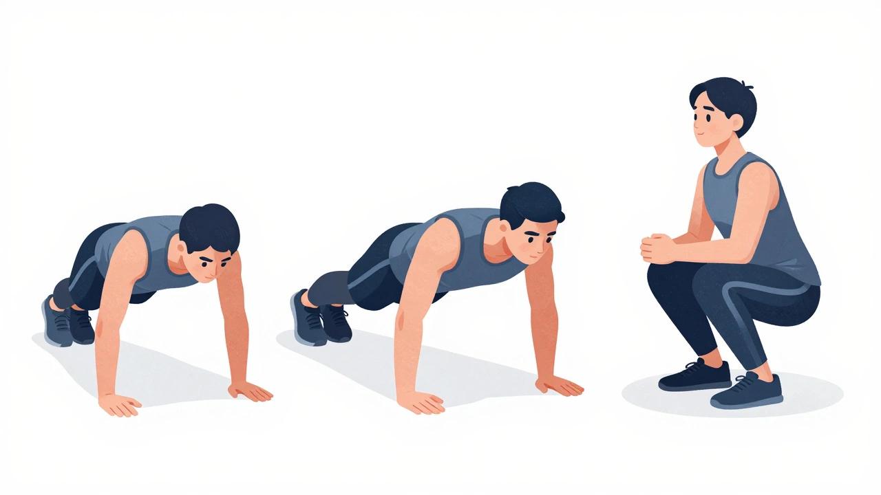 Three figures demonstrating push-ups, planks, and squats