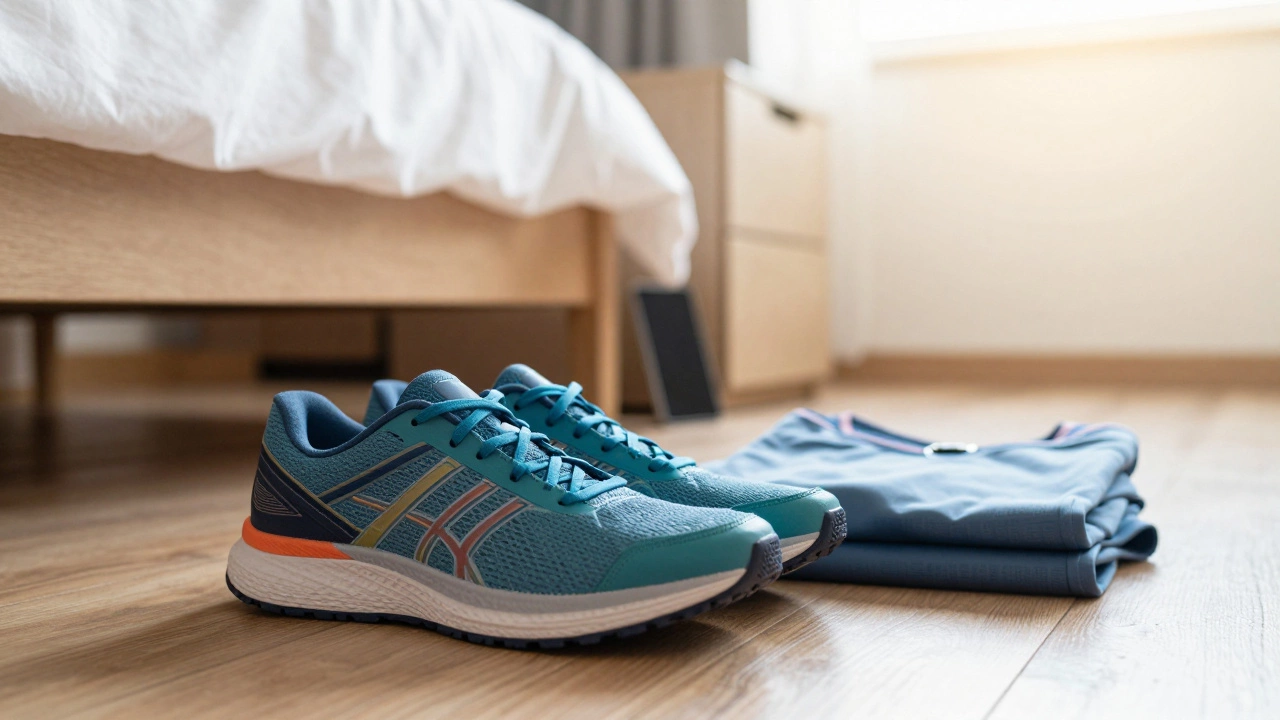 Workout clothes laid out next to bed with phone hidden away