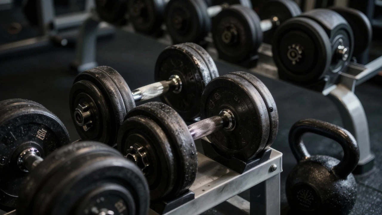 Close-up of dumbbells, barbells, and kettlebells in a strength training area