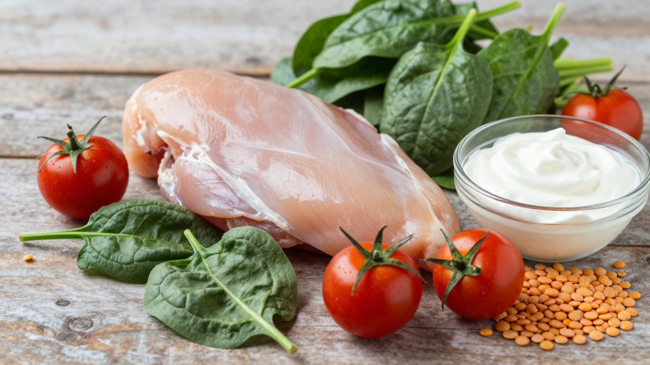 Fresh healthy ingredients for meal prep on a wooden table