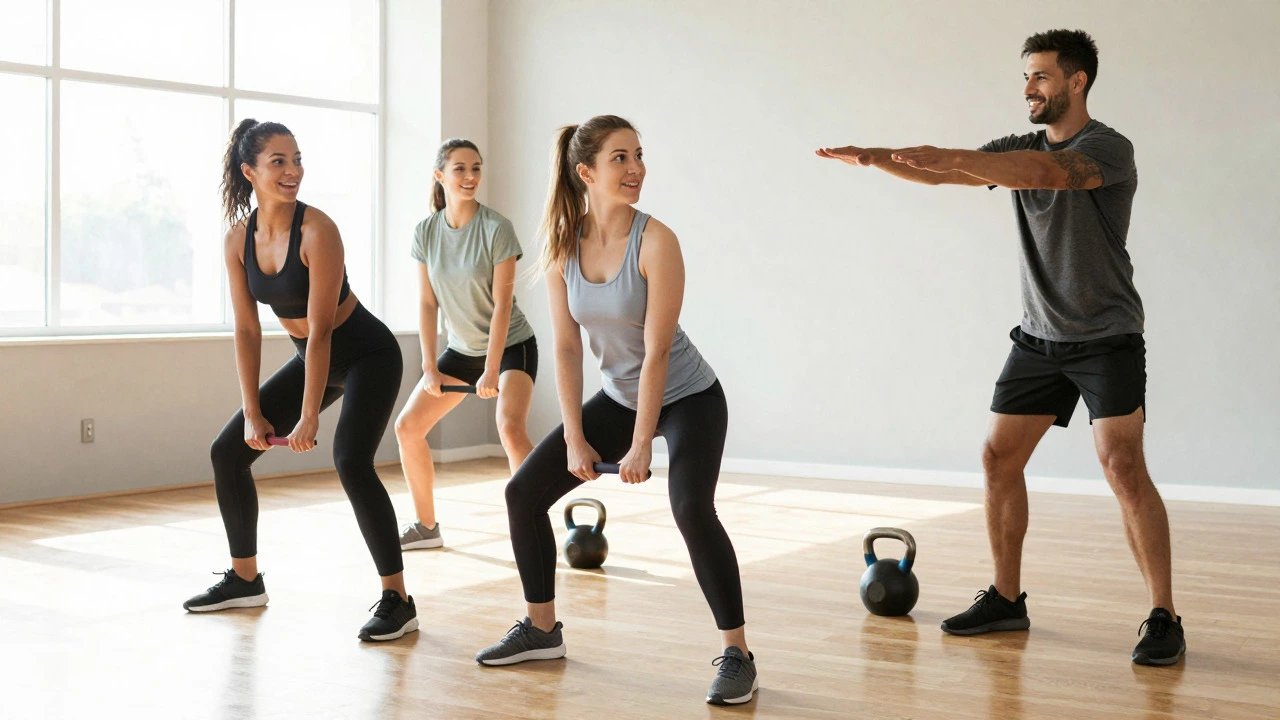 Group fitness class with instructor leading exercises