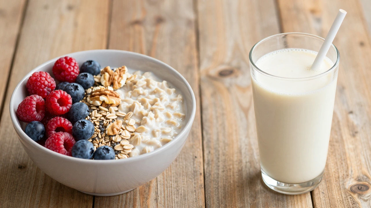 Healthy breakfast bowl next to a protein shake on a table