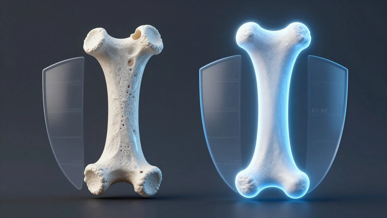Illustration comparing brittle bone vs dense strong bone