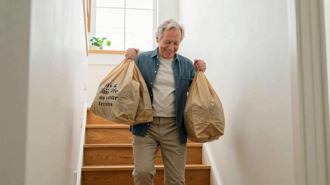 Older man easily carrying groceries up stairs