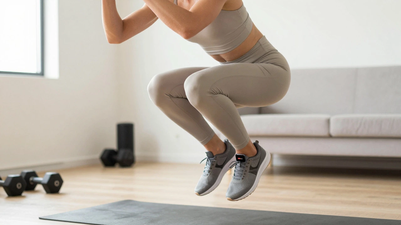 Person doing intense HIIT exercise in a bright home gym