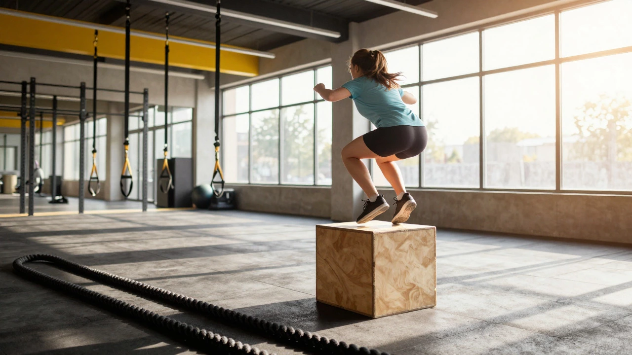 Person jumping on a box in a bright functional fitness zone with straps