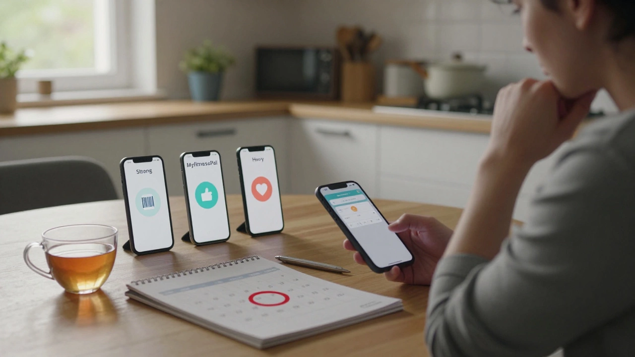 Person reviewing fitness app subscriptions at a kitchen table