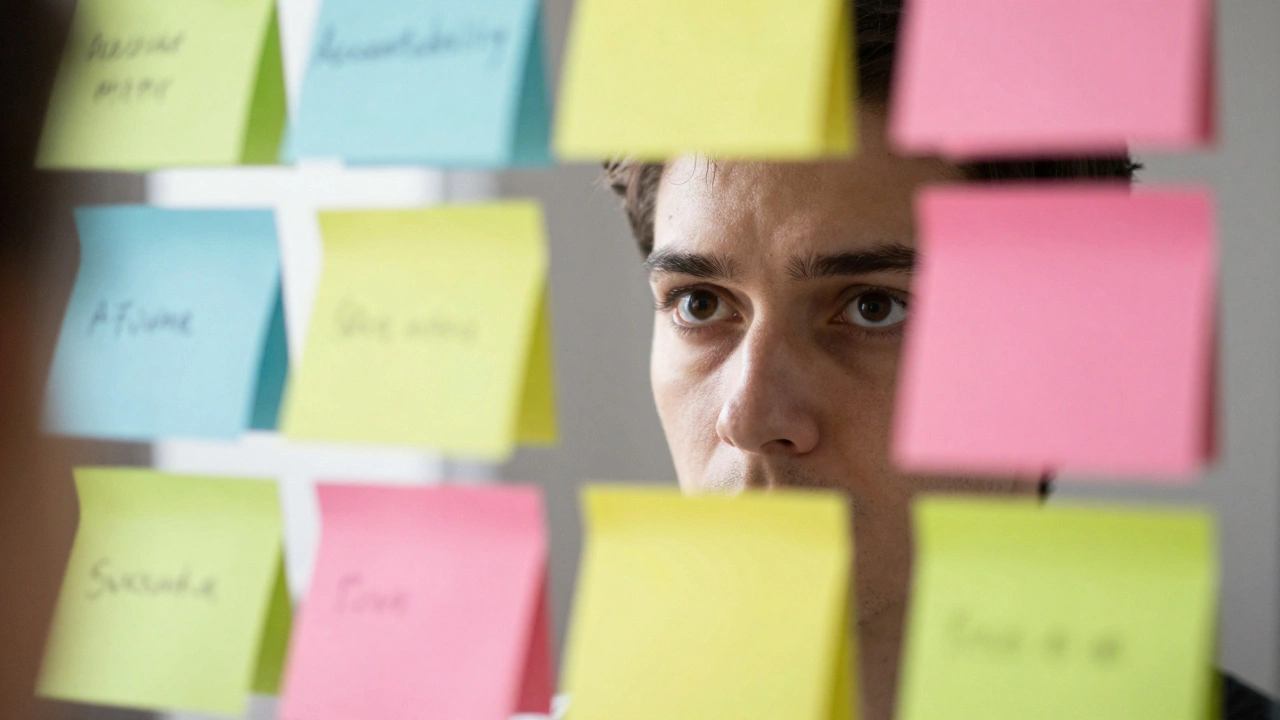 Person staring into a mirror covered in accountability sticky notes