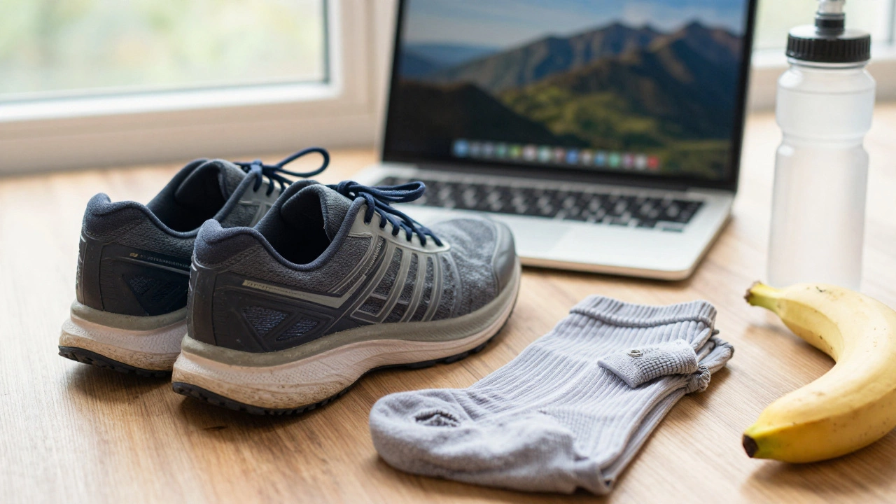 Running shoes, socks, and snacks arranged on a wooden floor