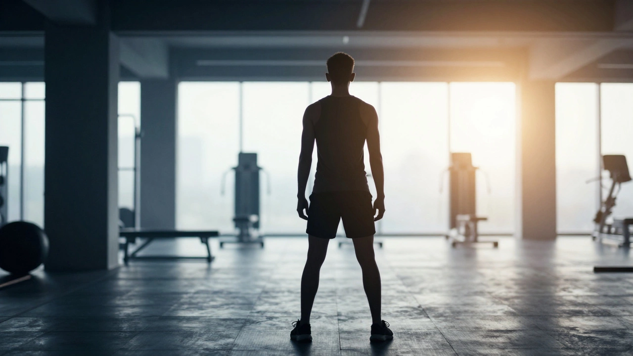 Silhouette of a confident person standing in a sunlit gym, ready for a personal training session.