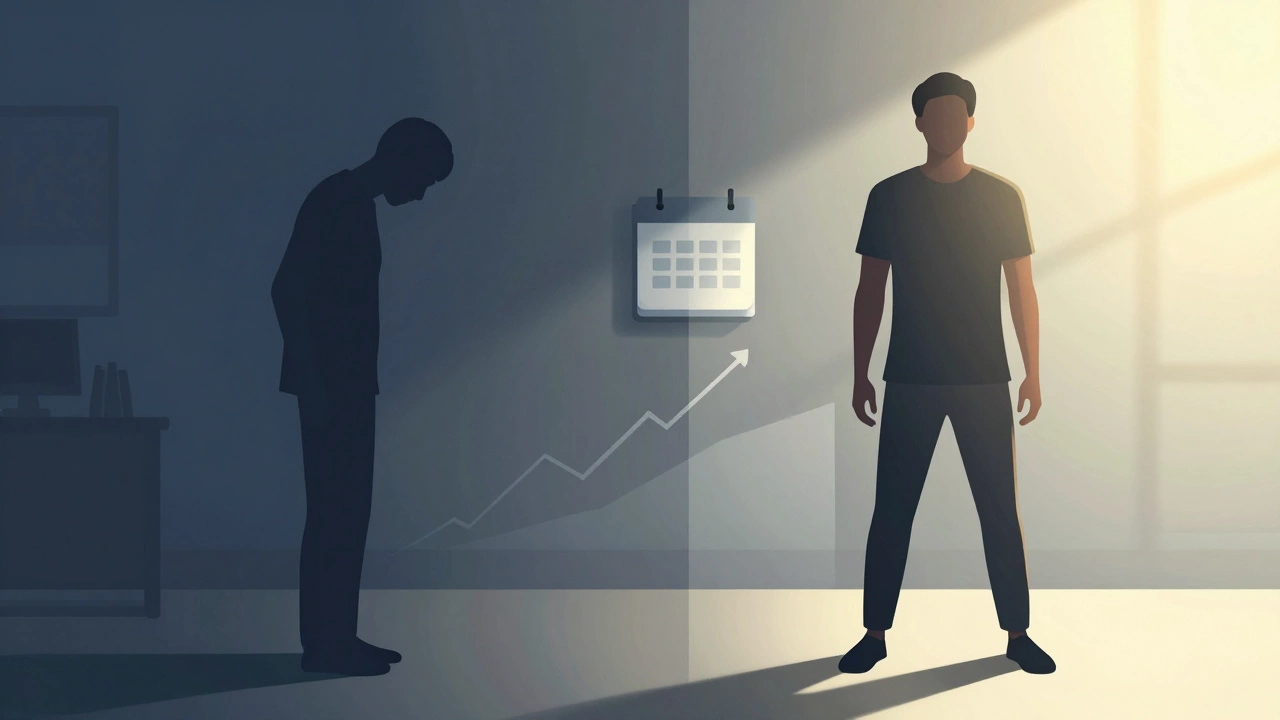 Split screen showing physical transformation and improved posture