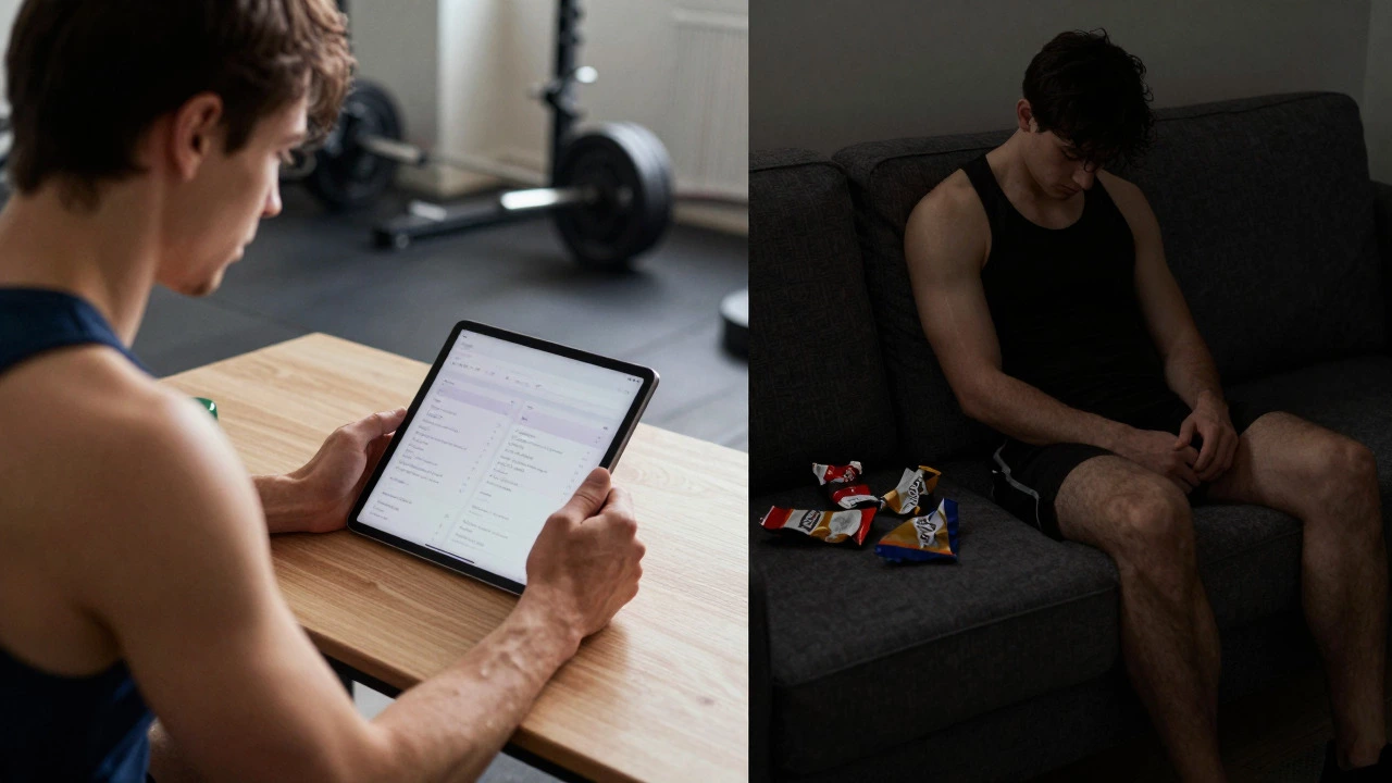 Split view: diligent solo workout vs skipping exercise
