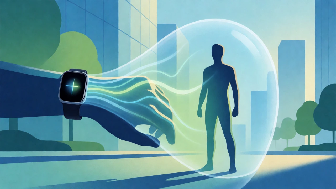 Abstract illustration of a person protected by a health data shield, symbolizing peace of mind.